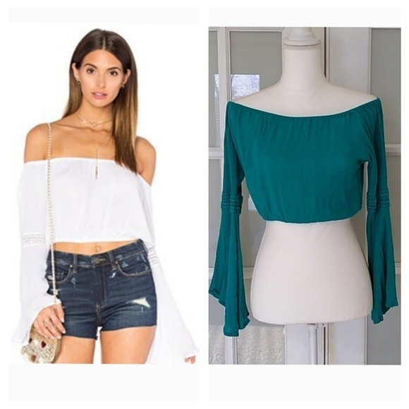 Band of Gypsies Crochet Off the Shoulder Crop Top in Turquoise - Picture 1 of 15